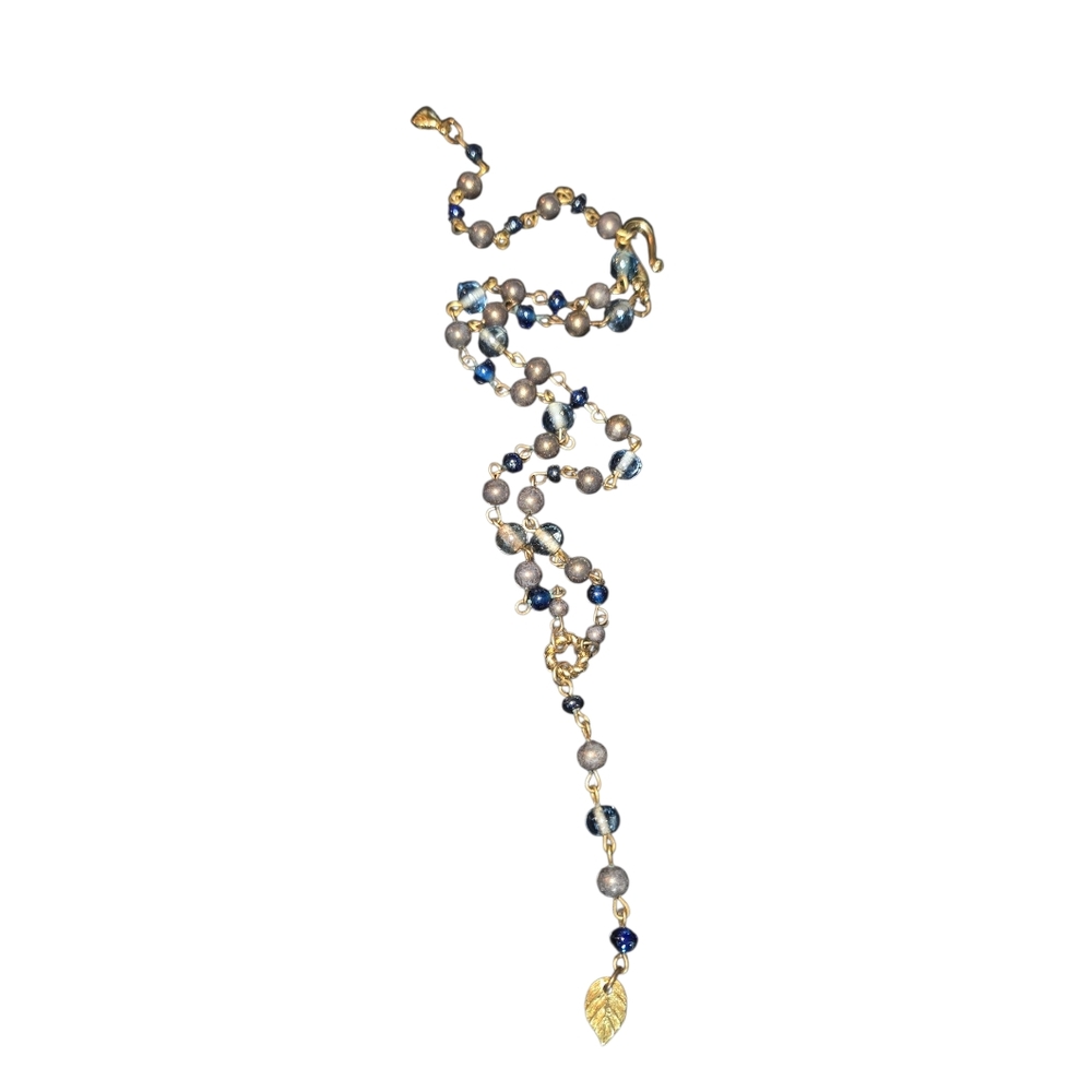 Liz Claiborne LCi‎ Signed VTG Blue Bead Gold Tone Leaf Charm Lariat Necklace 14"